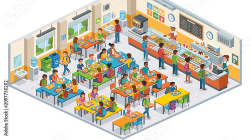 School Cafeteria Lunch Room Interior in Colorful Isometric Vector Style