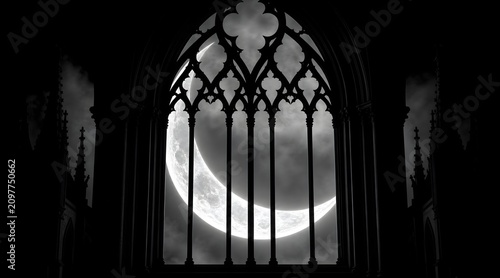 Gothic cathedral window silhouette against a glowing silver crescent moon vector design.