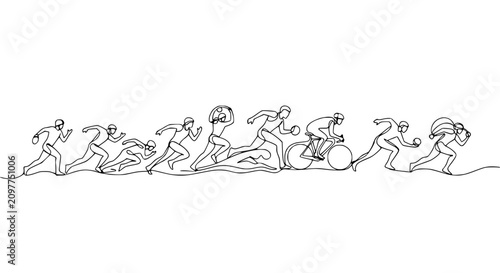 Foto Continuous Line Drawing of Athletes in Various Sports - Running, Cycling, and Ca