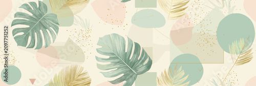 Seamless pattern with tropical monstera leaves and abstract shapes. Tropical monstera leaves creating a seamless pattern with pastel abstract shapes and gold details