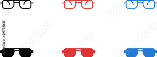 Foto Colorful 3D glasses icons in black red and blue for virtual reality and movies