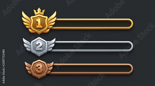 Gaming rank badges with gold silver and bronze shields featuring wings and crowns on dark background, for competitive leaderboard ui