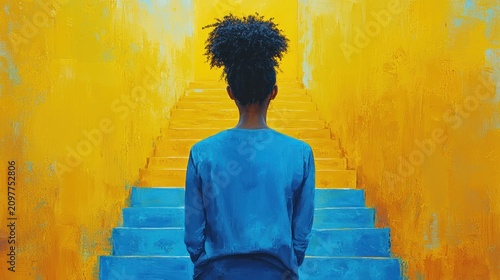 Back view person on vivid steps, artful scene