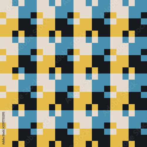 Pattern created from small cream, yellow, blue and navy blue squares in larger cream, yellow, blue and navy blue squares