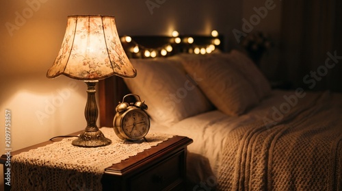 Cozy bedroom interior with a vintage table lamp and alarm clock on a nightstand at night.