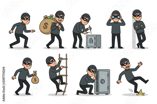 Fotografie Thief Character Set Doing Burglary and Heist Activities
