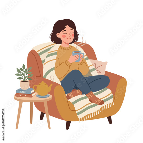 Quadro su tela A woman relaxes in a cozy armchair with a cup of tea