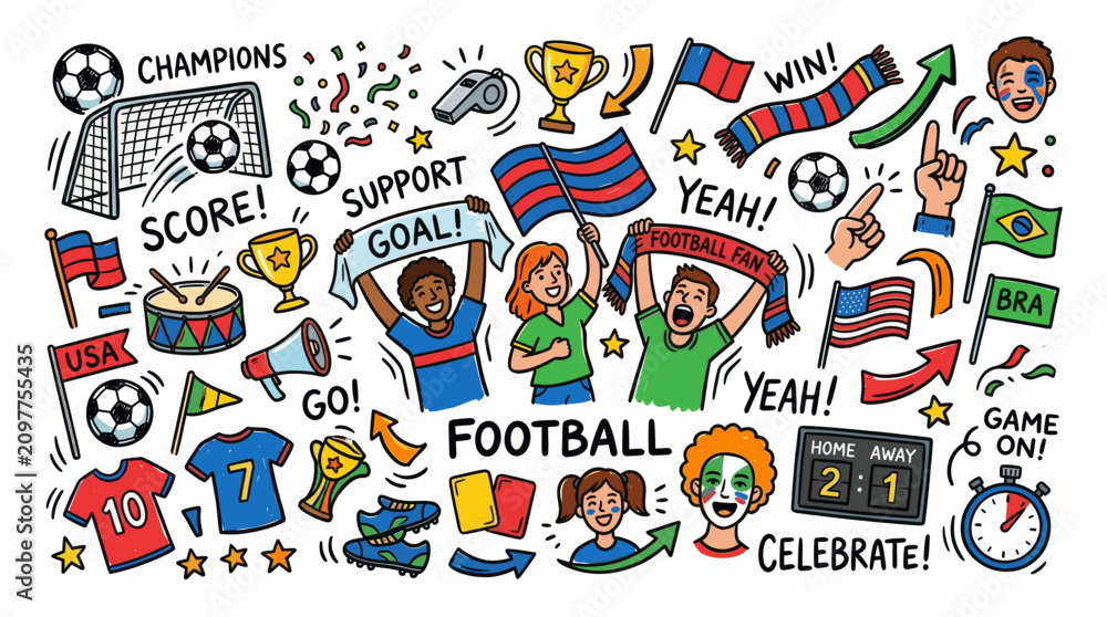 Fototapeta premium Soccer Fans Celebration in Colorful Hand Drawn Doodle Style