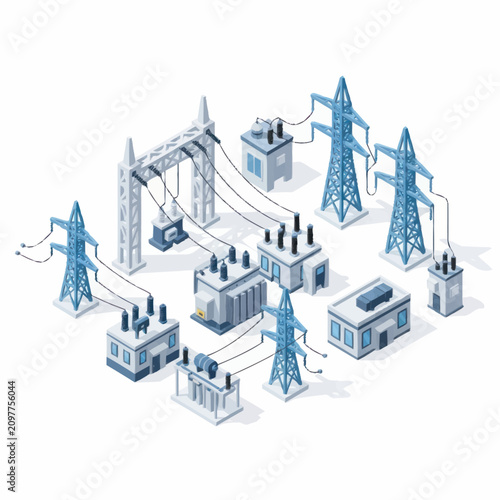 Isometric illustration of electrical power grid infrastructure.