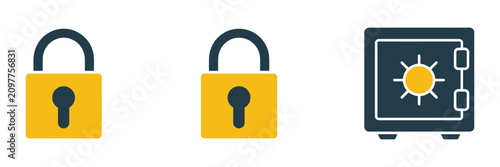 Flat Design Security Icon Set Featuring Closed Padlock, Open Padlock, and Safe Symbols, Data Protection and Safety Concepts, Modern Vector Illustration for Digital Security.