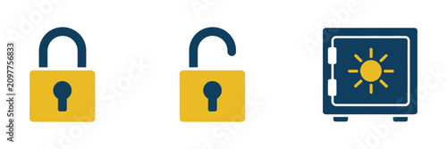 Flat Design Security Icon Set Featuring Closed Padlock, Open Padlock, and Safe Symbols, Data Protection and Safety Concepts, Modern Vector Illustration for Digital Security.