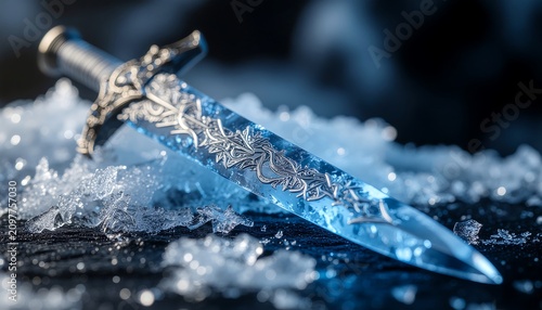 Frozen sword of an ice dragon lies covered in crystalline frost, close-up, ultra realistic