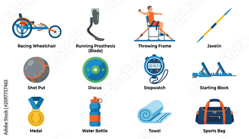 Set of Paralympic athletic sports equipment and gear icons.