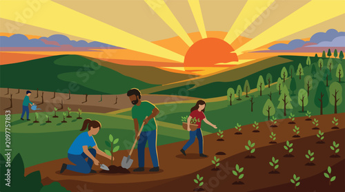 Group of volunteers planting young trees during sunrise vector illustration. Reforestation and greening effort concept. Eco friendly community action.
