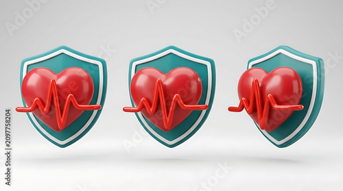 Three dimensional red heart with ekg pulse lines protected by shields for healthcare and medical insurance concept on white background