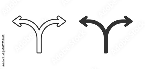 Konstfotografi Fork in the Road Icon: A simple graphic representation of a fork in the road, depicting two diverging paths with arrows indicating separate directions, symbolizing choice and decision-making