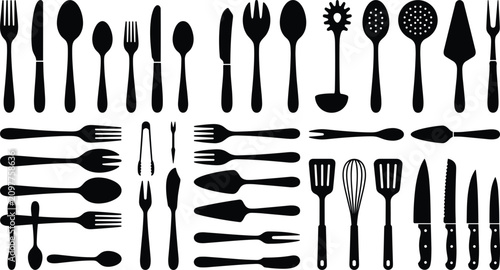 Photos Kitchen utensils cutlery and silverware black silhouettes icons set with fork kn