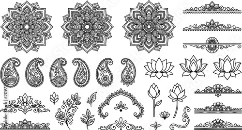 Obraz na płótnie Indian traditional design elements set with ornamental mandalas paisley patterns