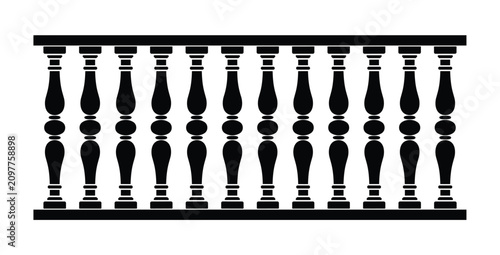 Fotografie Classic Balustrade Design: An ornate black balustrade featuring a series of decorative balusters and columns, conveying timeless elegance and architectural detail