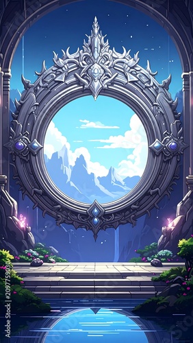 A fantastical, ornate portal with a round window overlooking a serene landscape with a body of water and steps