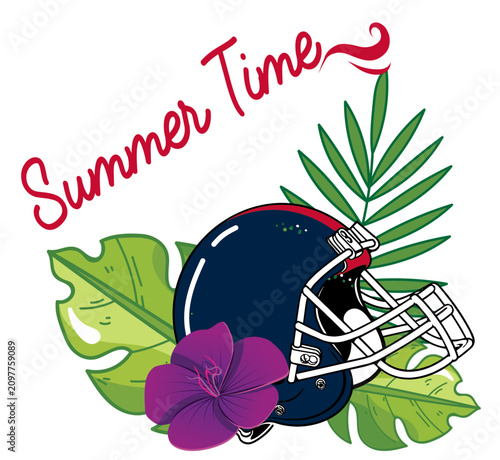Summer Time football illustration with navy helmet tropical leaves and purple flowers. A cheerful seasonal fan design perfect for greeting cards prints and summer merchandise.