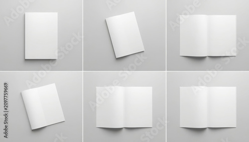 Collection of white blank book and brochure mockups on gray background for design presentation