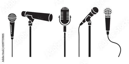 Bild auf Leinwand Collection of five distinct microphone icons with stands and cables for audio and broadcasting