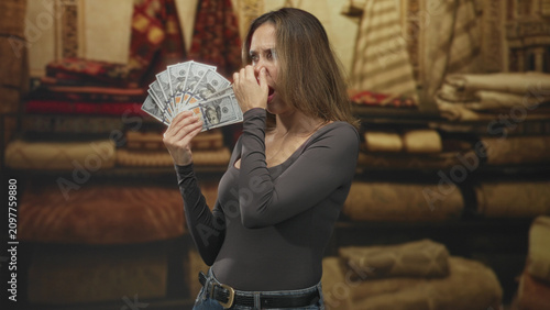 Fotografie Woman holds fan of us dollar bills and pinches her nose while fanning money near stacked rugs in studio; disgust rejection