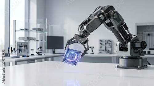 Robotic arm holding glowing microchip in modern laboratory facility demonstrating advanced automation engineering and high tech computer manufacturing