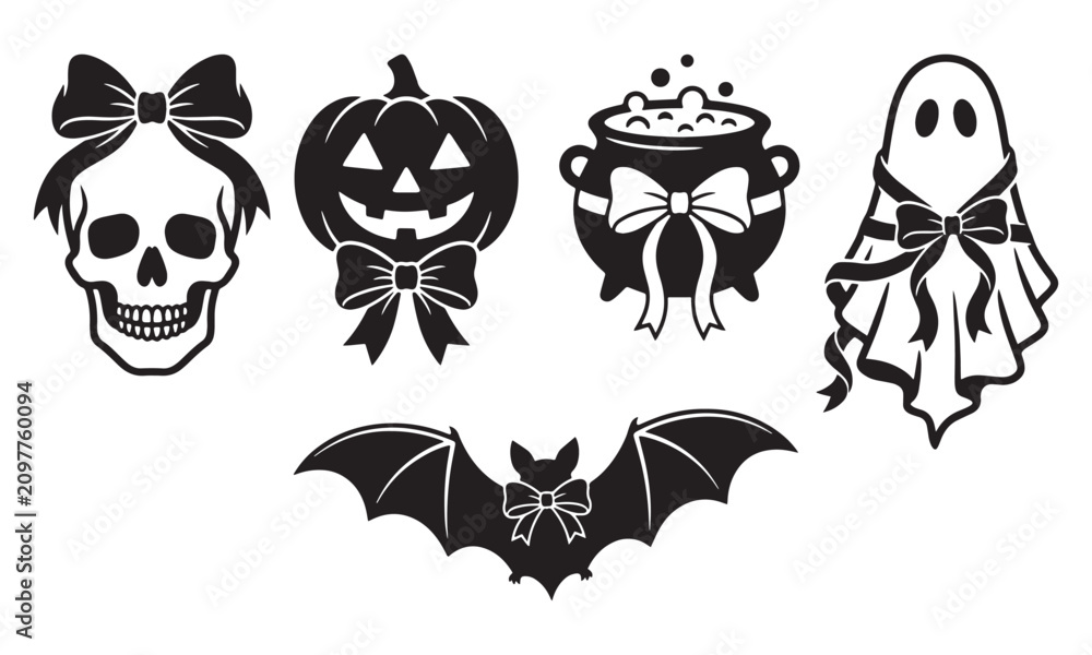 Fototapeta premium Trendy Halloween Coquette Bow Silhouette Pack, Girly Spooky Vector Graphics