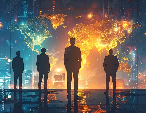 A futuristic cityscape at dusk with four silhouetted figures standing on a reflective surface, gazing at a vibrant, illuminated world map