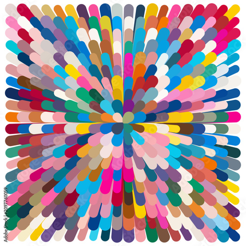 Vibrant geometric vector background featuring a dense radial burst of colorful rounded capsule shapes, symbolizing dynamic creativity, diversity, and modern abstract design.