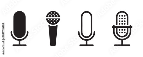 Schilderij op canvas Black outline microphone symbols for sound recording studio podcasting and broadcast presentation