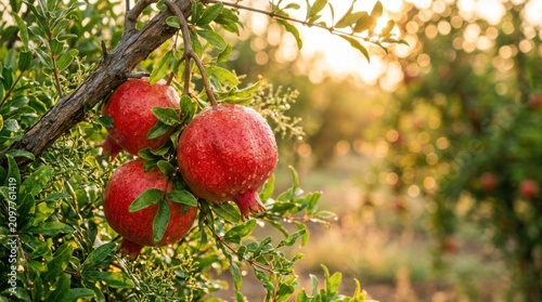 Ripe pomegranates on a tree. Fresh red fruit in an orchard. Organic harvest at sunset time.