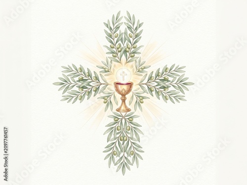 Cross with chalice and olive branches in religious design  