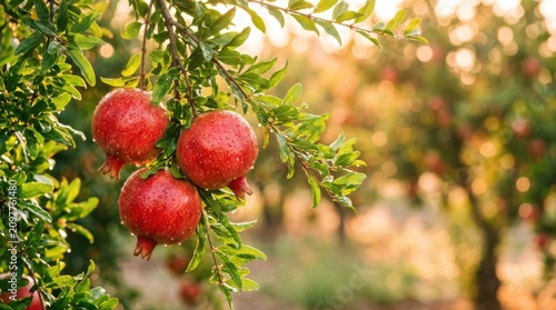 Ripe pomegranates on a tree. Fresh red fruit in an orchard. Organic harvest at sunset time.