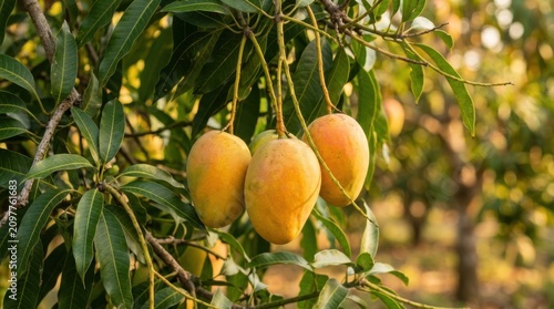 Ripe mangoes on tree branch. Fresh tropical fruit harvest. Organic orchard agriculture farm.