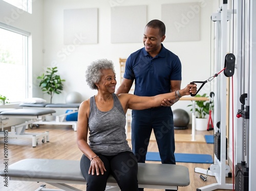 [Generative AI] Senior Woman Performing Physical Therapy Exercise with a Rehabilitation Therapist
