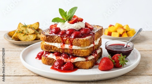 French toast with strawberries. Sweet breakfast dish with cream. Gourmet morning food plating.
