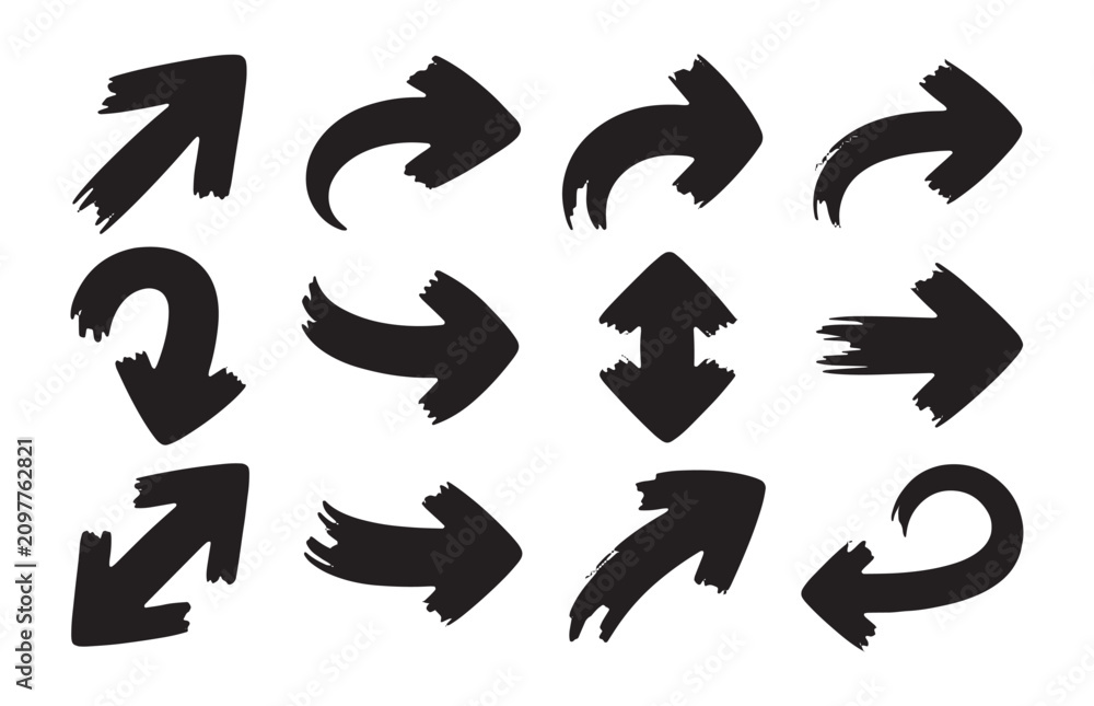 Fototapeta premium Grunge curved arrows in black ink style for motion and navigation concepts on white background icons.