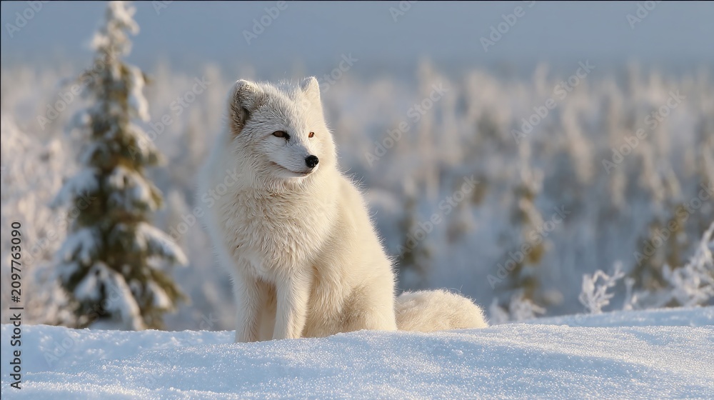 Fototapeta premium A beautiful arctic fox sits gracefully on a blanket of snow, its fluffy white coat blending perfectly with the wintry surroundings. The distant trees covered in frost create a serene backdrop