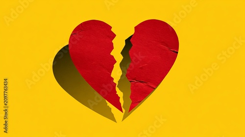 Red paper heart torn into halves casting a long shadow on yellow background, symbolizing relationship breakdown, separation, divorce, heartbreak, emotional pain and broken love concept