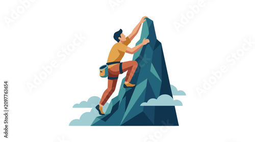 Determined male rock climber scaling a steep mountain peak above clouds for business success flat design vector illustration