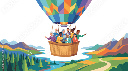 Diverse multicultural team collaborating in a colorful hot air balloon over mountain landscape flat design vector illustration.