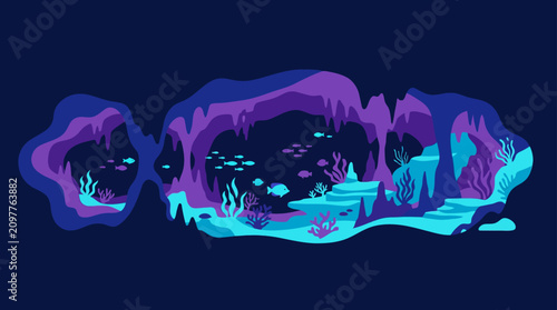 Bioluminescent underwater cave with glowing marine life.