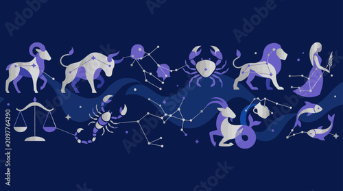 Quadro su tela Zodiac symbols and constellations on dark blue background.