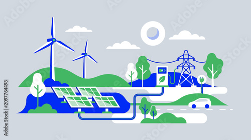 Clean energy infrastructure featuring solar farm and wind turbines.