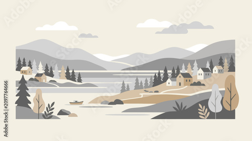 Muted mountain village landscape by a calm lake.
