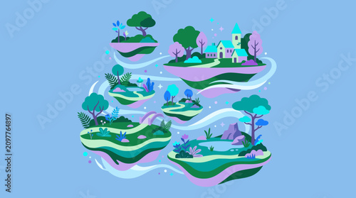 Floating islands with magical trees and water elements.