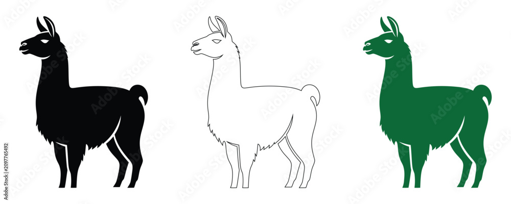 Fototapeta premium Llama silhouettes black outline and emerald green variations for graphic design projects